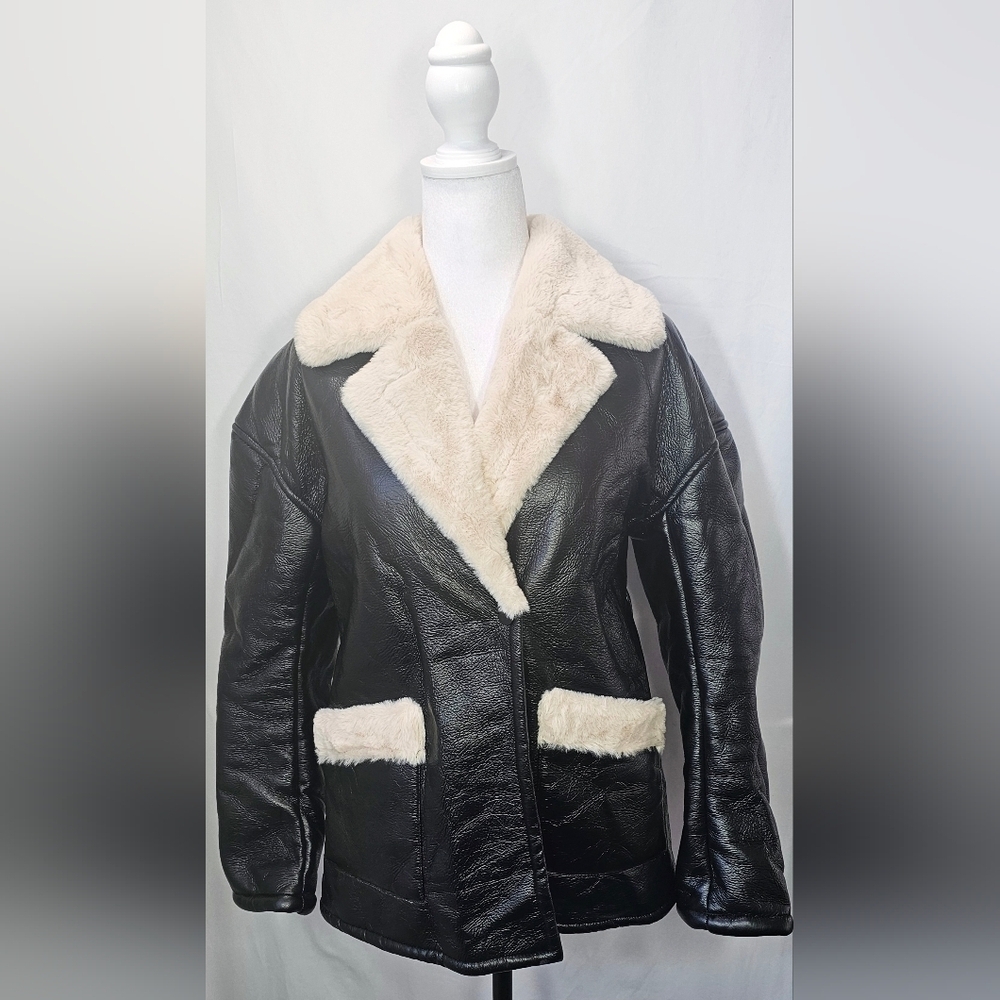 Small Black Faux Leather Jacket with Shearling Trim